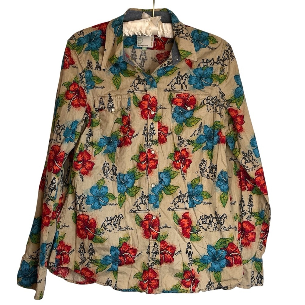Roper Pearl Snap Long Sleeve Western Shirt Sz M Cowboy Hibiscus Floral Cotton